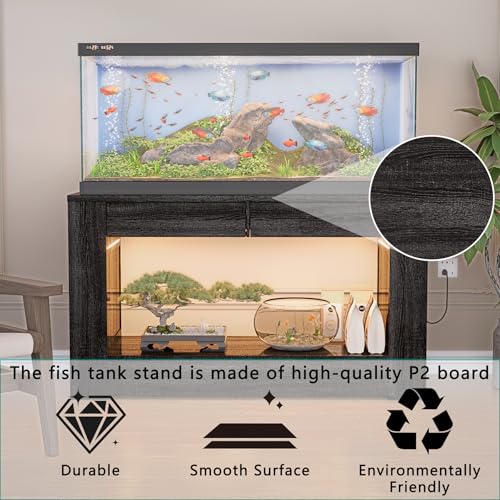 48" Aquarium Stand for 55–75/90 Gallon Tank, Heavy Duty Fish Tank Stand up to 1000 LBS, Aquarium Stand with Power Outlet & LED Light, 2-Tier Turtle Reptile Tank Stand with Storage,Black wood - color: Black wood, size: For 55-75-90 gallon