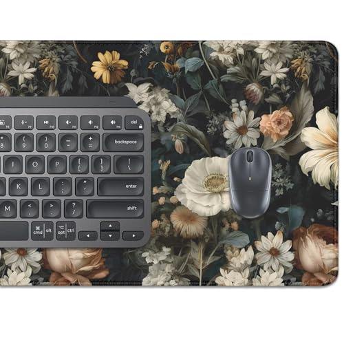 Black Background Flowers Desk Pad Mouse Pad,Large Floral Mouse Mat with Stitched Edges,Non-Slip Rubber Base Elegant Mousepad for Office PC Keyboard Laptop and Home Work Desk Mat(27.5X11.8 in) - color: Retro Floral