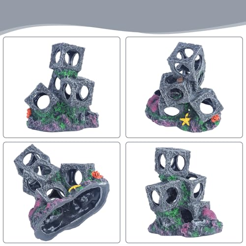 Saim Aquarium Decorations 3 Stacked Stone Cave Hideaway for Aquatic Pets to Breed, Play and Rest, Decor Stone for Betta, Gold Fish Hideout - No Moss