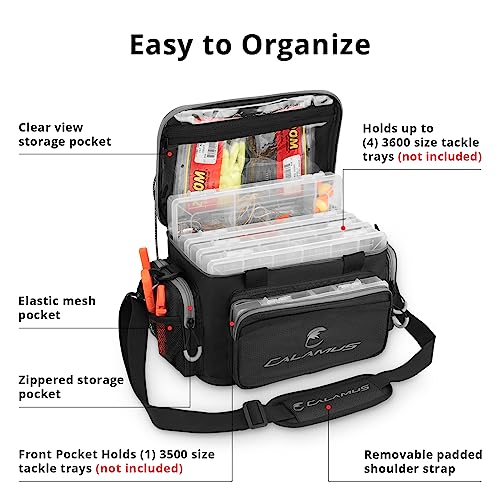Calamus Fishing Tackle Bags - Saltwater & Freshwater Fishing Bags - Rip-Stop PE - Padded Shoulder Strap - Pliers Storage - Black - color: D：Black(without trays)-14.3*9*7.5 inches