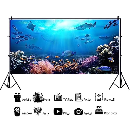 AOFOTO 8x4ft Underwater World Backdrop for Photography Aquarium Seabed Rocks Lights Coral and Fishes Tropical Ocean Scene Under The Sea Background Kids Party Decoration Banner Photobooth Props - size: 8x4ft
