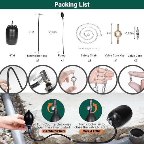 4 Inch Inflatable Pipe Plug Balloon Kit with Extension Hose,Safety Chain & Pump, Rubber Sewer Test Ball for Drain Blocking, Plumbing Pressure Testing/Leak Detection(Fits 3.8"-4.2" Pipes) - size: 4 Inch