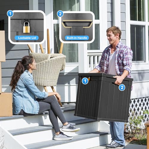PatioZen 51 Gallon Resin Deck Box, Lockable Patio Outdoor Storage Box for Furniture, Garden Tools and Tools Storage, Waterproof Outside Storage Boxes - Black - color: Black, size: 51 Gallon