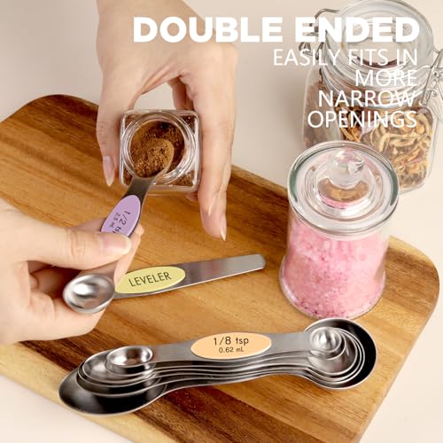 ChefAide Pack of 8 Stainless Steel Magnetic Measuring Spoons Set, Dual Sided, Stackable, Adjustable Teaspoon and Tablespoon Measure Spoon with Leveler, Kitchen Gadgets - color: Multicolor-4, size: Magnetic Measuring Spoons