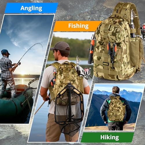 PLUSINNO Fishing Gear,Fishing Backpack with Floating Fishing Net,Tackle Boxes,Waterproof Fishing Tackle Bag,Fishing Gifts for Men - color: Khaki Camo Backpack With Fishing Net