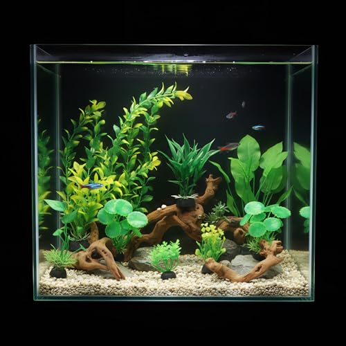 16 Pcs Aquarium Decor Fish Tank Decorations Include 6 Small Natural Coral Driftwood Spiderwood and 10 Green Plastic Plants for Reptile Terrarium Accessories Goldfish Tank Decor