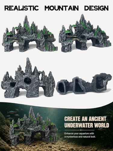 Aquarium Decor - Large Mountain Rock Cave for Fish Tank, Aquarium Hideout Ornament with Rock Texture for Betta, Guppy, Shrimp - Aquatic Hide Decoration, Fish Hiding House（Black） - color: Multi-peak Rock - Black
