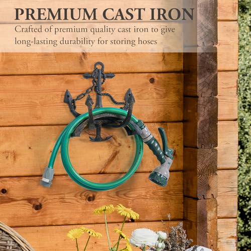 MyGift Brown Heavy Duty Cast Iron Outdoor Garden Hose Hanger Wall Mounted Water Hose Holder Reel with Vintage Scrollwork Design (Ship Anchor) - style: Ship Anchor