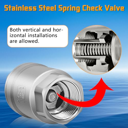 1 inch Spring Check Valve, 304 Stainless Steel CF8 Non Return One Way Horizontal Check Valve, Vertical Inline Water Check Valve for Well, Pump, Tank, Backflow Prevention, WOG 1000 - size: 1'' NPT