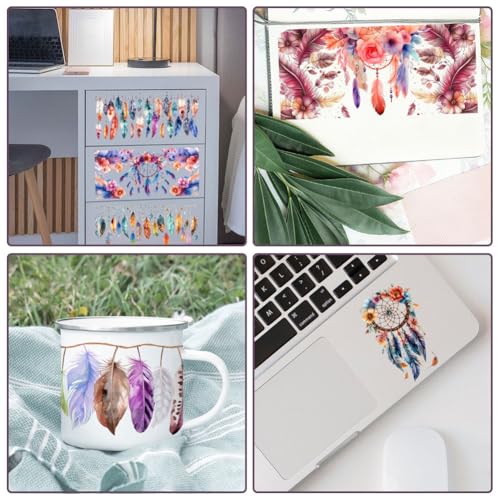 10 Sheets Dreamcatcher UV DTF Cup Wrap for 16OZ Glass, 4.3 x 9.4 Inch Dream Catcher UV DTF Transfer Stickers Waterproof Rub on Transfer Decals for Glass Bottle Vase Furniture Crafts - style: Dreamcatche