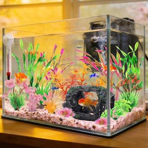 QUOZUO Broken Barrel Fish Tank Decor, 16pcs Fish Tank Accessories Artificial Plants Aquarium Ornaments for Fish Cave Hide - Resin Barrel x1pcs, Coral x2pcs, Aquarium Plastic Plants x13pcs