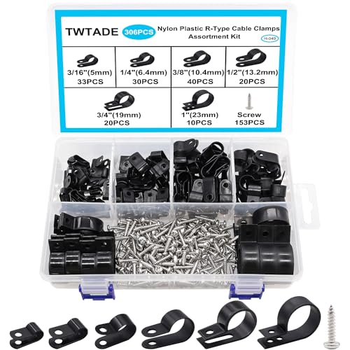 TWTADE 306PCS Black Cable Clamps Nylon Plastic R-Type 6 Sizes 3/16'' 1/4'' 3/8'' 1/2'' 3/4'' 1'' Cable Mounting Wire Clips Assortment Kit with Screws for Wire Management H-049 - color: Black-306PCS
