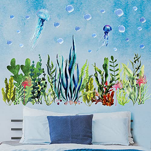 Under The Sea Wall Decals Ocean Stickers Coral Reef Seaweed Jellyfish Removable Wall Decal Undersea Decor Stickers for Bedroom Bathroom Daycare Nursery Home Decoration