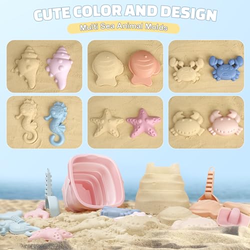 Dreamon Beach Toys Set for Kids 3-10, Collapsible Sand Buckets with Beach Molds and Mesh Bag, 3 Pack Shovels Set Sand Toys for Beach, Sandbox Travel Toys for Toddlers Kids - color: Pink/Orange/Blue