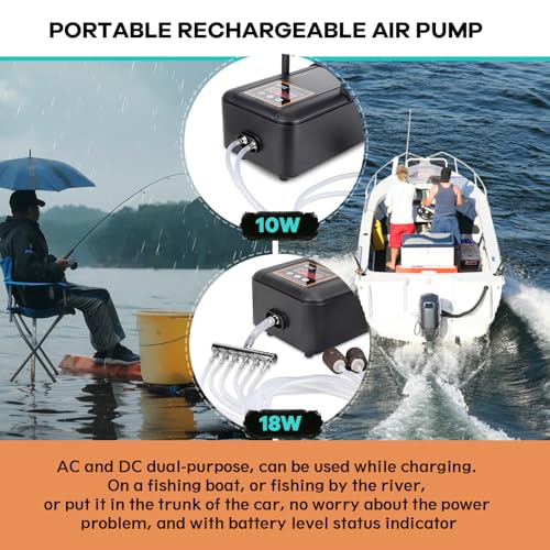 hygger IPX6 Rechargeable Aquarium Pond Air Pump, Powerful Quiet Tank Air Pump with Hose Air Stone Check Valve Adjustable Flow Diverter Valve for Fishing Yacht/Power Outages/Hydroponic - size: 300GPH