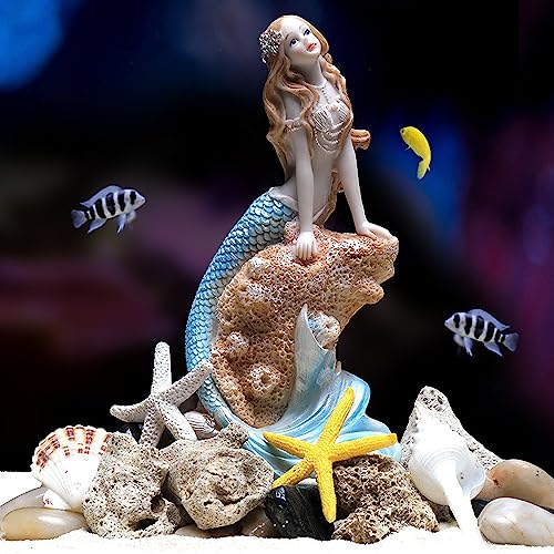 Rayberro 7.28" Mermaid Figurines Resin Blue Mermaid Sculpture Mediterranean Princess Statue Ornaments Home Office Desktop Bookshelf Decor Mermaid Collectible Crafts Fish Tank Aquarium Decoration Gift - color: Blue Hold Hand