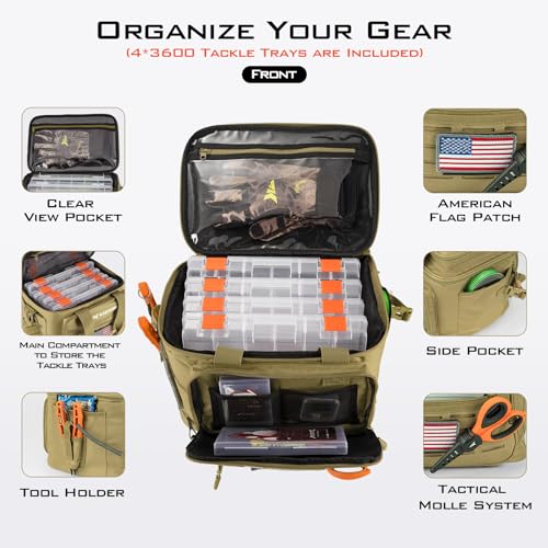KastKing Karryall Fishing Tackle Bags with 4 * 3600 Tackle Trays - Saltwater & Freshwater Fishing Gear Storage - color: Khaki, size: Medium - 4*3600 Trays