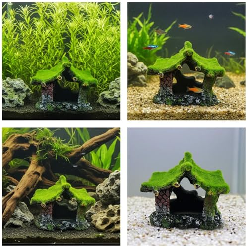 Resin Aquarium Decoration Cave with Moss, Hollow Fish Tank Hideout for Betta, Shrimp, Small Fish - Stable Base, Salt & Fresh Water Safe