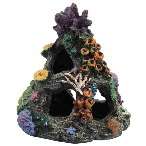 PINVNBY Coral Aquarium Decorations (Size: 6.3 x 4.7 x 4.7 inches) Small Fish Tank Decorations Hideout Resin Rock Mountain Cave Ornaments Betta Hideout House for Beta Sleep Rest Hide Play Breed - size: Large