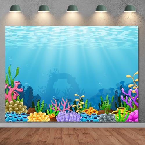 5x3ft Under The Sea Backdrop Ocean Underwater World Background Colorful Coral Blue Seawater Tropical Underwater Scene Children Little Mermaid Birthday Party Banner Baby Shower Photo Booth - size: 5X3FT