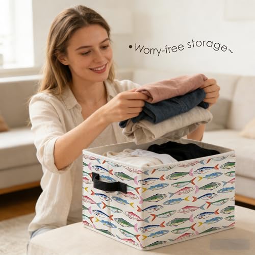 Colorful Fish Coastal Beach Storage Bins Box with Handles, Nautical Ocean Seafood Sardines Fish Foldable Basket Toybox for Kids Nursery Bedroom Bathroom Home Clothes Toys Books - color: color-3
