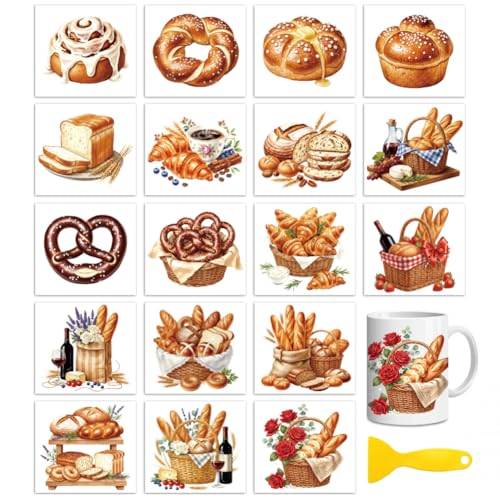 Peacoblue 18 Sheets Rub on Transfers for Crafts, Various Breads 3.6"x3.9" UV DTF Cup Wraps Waterproof Cold Transfers Stickers for Wood Glass Metal Cup Tumblers Mirrors Mugs Home Decor - style: Various Breads