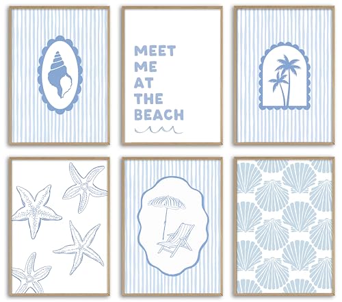 Gschupy Beach Decor Wall Art 6 Piece, Beach Themed Canvas Wall Decor,Meet Me at the Beach Coastal Prints with Blue Stripe, Nautical Wall Art for Coastal Home Bedroom Bathroom Decor 12x16inch unframed - color: Beach Chairs, size: 12x16in