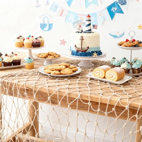 2 Pack Natural Fish Net Decorations for Party, Natural Cotton Hawaiian Party Fishing Net Decorative, Nautical Themed Cotton Fishnet Under The Sea Pirate Ocean Beach Halloween Decor