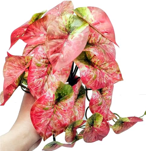 2 Pack Reptile Plants for Terrarium Decor, Amphibian Habitat Decor, Reptile Tank Accessories, Artificial Hanging Plants with Suction Cup (Red Arrowhead) - color: Red Arrowhead