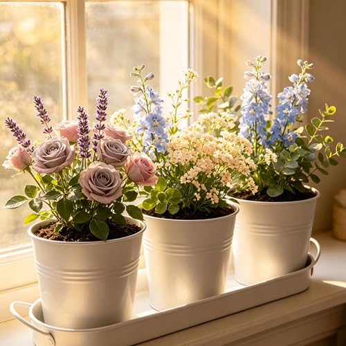 TCBWFY Indoor Herb Garden Planter Set - 3 Pack 4.7" White Metal Plant Pots with Drainage Holes & Removable Tray - Windowsill Kitchen Counter Balcony Office Garden - color: White