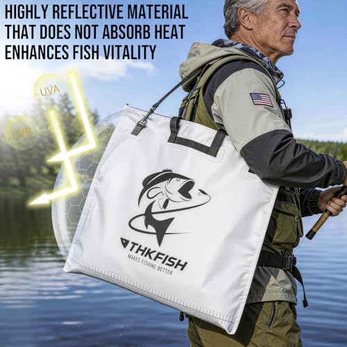 THKFISH Fish Tournament Weigh in Bag for Bass Fishing, Heavy Duty Insulated Live Fish Bag for Caught Fish with Waterproof Zipper and Mesh Liner, Leakproof,Puncture Resistant(White-25×23in) - color: White-25×23in