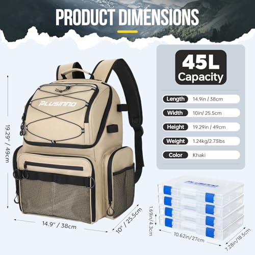 PLUSINNO Cooler Fishing Backpack with Rod Holders 45L Large Water-resistant Fishing Tackle bag Store Fishing Gear Fishing Gifts for Men Father - color: Khaki with box