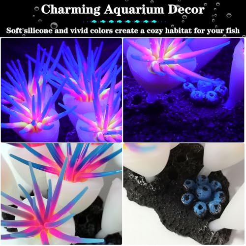 Silicone Glowing Effect Aquarium Fish Tank Decorations, Artificial Soft Anemone Coral Plants Ornaments for Aquarium Decor Landscape, Glow in Dark Fish Tank Accessories Decorations(Blue) - color: Blue