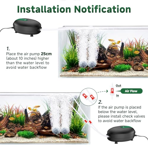 AQQA Aquarium Air Pump Whisper Oxygen Aerator Powerful Fish Tank Air Pump Dual Outlets Adjustable Airflow Bubblers with Air Stone Tubes Check Valves (8W for Up to 160Gal Tank)