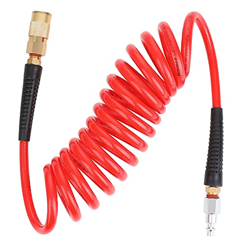 Hromee 1/4-Inch x 10ft Polyurethane Recoil Air Hose with Fittings Compressor Hose with 1/4 in. Industrial NPT Coupler and Plug Kit, Red - size: 10FT
