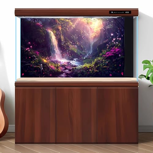 Fantasy Forest Aquarium Background Waterfalls Cascade Moss-Covered Rocks Fish Tank Background Golden Sunlight Lush Green Foliage Reptile Tank Backgrounds Paradise Oasis Terrarium Backgrounds 48x18in - color: Purple Green, size: 48(W)x18(H)inches/ 120(W)*4