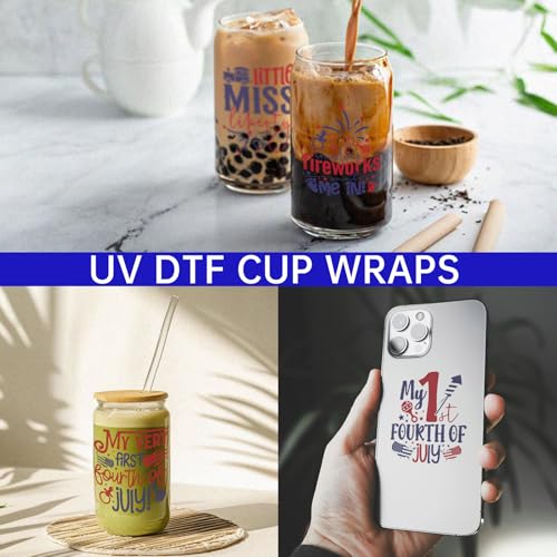 4 PCS Fourth July UV DTF Cup Wrap, Rub on Transfer Stickers for 16oz Glass Mugs, High Viscosity Permanent UV DTF Sticker, Coffee Cups, Water Bottles and Personalized Crafts - style: Fourth July
