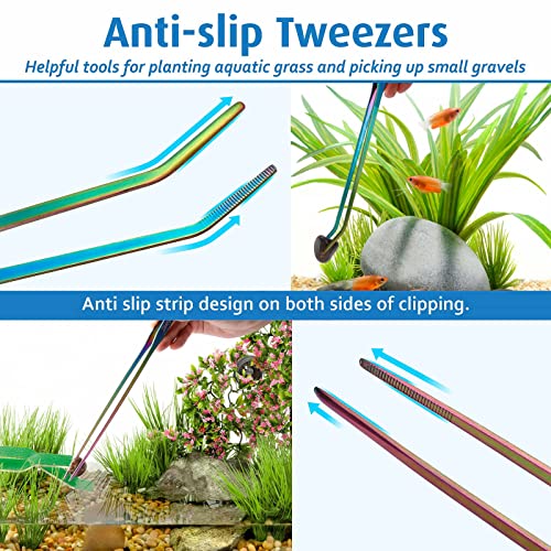 hygger 6-in-1 Long Aquarium Aquascaping Tools Kit, Color Stainless Steel Premium Aquatic Plant Tweezers Scissors Spatula Kit Comes with 1 Tool Holder and 1 Cleaning Cloth, for Fish Tank Starters - color: Multi-colored