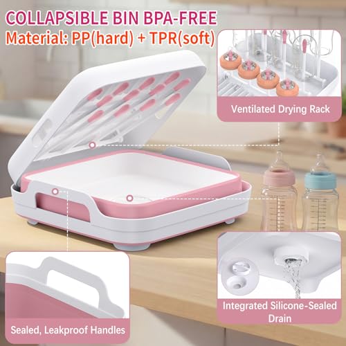 Collapsible Wash Basin for Baby Bottles with Drying Rack – 2.4 Gallon Foldable Dish Tub with Handles, Portable RV Camping Sink & Space-Saving Wash Bin with Lid for Kitchen, Travel & Outdoor, Pink - color: Pink