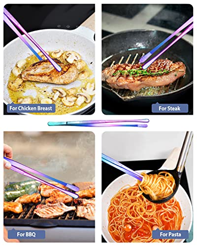 4 Pcs Fine Long Tweezer Tongs Professional Rainbow, 12'' and 10'' Stainless Steel for Kitchen, Food, Cooking, Repairing, Sea food and BBQ - color: Rainbow