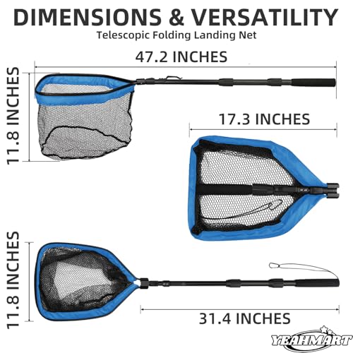 Yeahmart Floating Fishing Landing Net for Fresh & Saltwater, Foldable Telescopic Pole with Rubber Coated Mesh, Portable Collapsible Fish Net Gear for Kayak Boat Trout Bass, Blue, 31.5/39.3/47.2 inch - size: 47.2" Total Length (Telescopic Handle)