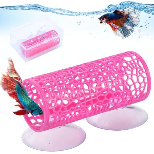 Betta Fish Tunnel Tank Accessories Safe Hollow Hammock Cave Aquarium Fish Toy Decor Hideout Tube Shelter with Suction Cups for Small Fish Shrimp Reptile Guppies Habitat (Hot Pink) - color: Pink