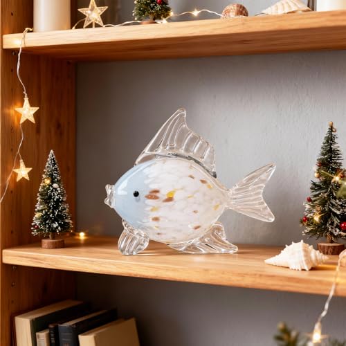 Large Hand Blown Glass Fish Figurines, Aquarium Sea Glass Art, Blue White Fish Statue Sculpture Modern Coastal Accent - for Beach Knick Knacks, Coffee Tables, Nautical Offices Centerpiece - color: Blue White