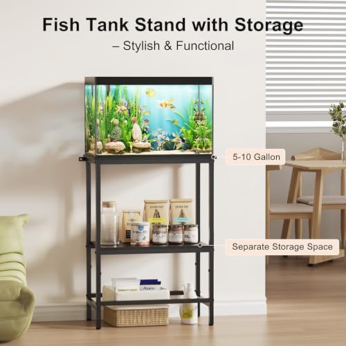 5-10 Gallon Fish Tank Stand, Aquarium Stand with 2-Tier Storage Shelves, Heavy-Duty Reptile Terrarium Stand Table with One-Piece Top for 10 Gallon Standard Model, 21.2" L x 11.8" W x 29.3" H (Black) - color: Black, size: 10 Gallon