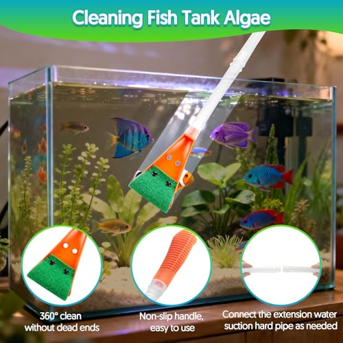 Fish Tank Cleaner Gravel Vacuum for Aquarium Water Changer Aquarium Siphon with Double Sided Sponge Brush Algae Scraper Fish Tank Cleaning Kit for Cleaning Gravel & Sand (Orange) - color: Orange
