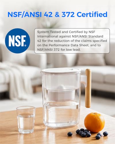 Waterdrop PT-04C Water Filter Pitcher, 10-Cup Capacity, NSF Certified, 200-Gallon Long-Life Filter, 5X Longer Filter Life, Reduces PFOA/PFOS and Chlorine, BPA-Free, Sturdy Wooden Handle, Clear - color: Clear, style: Classic Pitcher