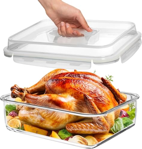 4800 ML / 163 oz / 21 Cup LARGE Glass Food Storage Container with Airtight Locking Lid. Ideal Storing food, Vegetables, Fruits. Baking Casserole, Lasagna, Roasting Turkey, Chicken BPA Free Oven Safe - size: 4800 ml