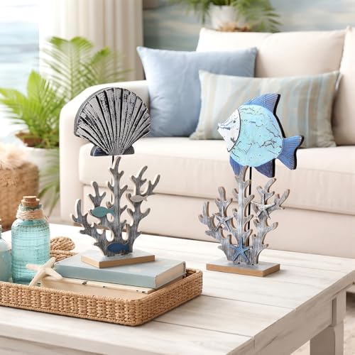 Novabright 2 Pcs Wooden Fish Decor Summer Ocean Centerpieces for Tables Standing Coral Statue with 3D Starfish Seashell for Nautical Shelf Coastal Beach Home Decoration Marine Themed Gift
