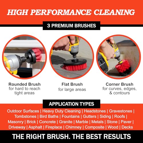 Drillbrush Heavy Duty Stiff Bristle Brush Kit – Power Scrubber Attachment for Concrete, Brick, Siding, Stone, Driveways, Fireplaces, Hard Water Stains, Gravestone & Cemetery Headstone Cleaning Brushes - color: Stiff Red, size: 2in, 4in, 3.5in corner brush
