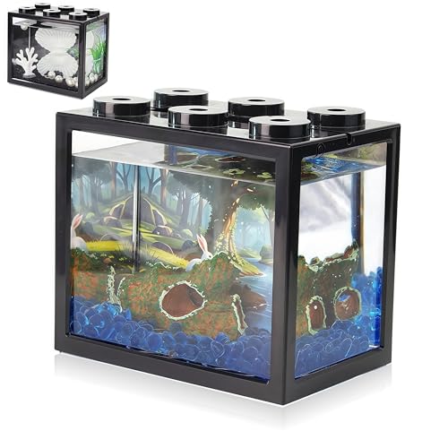 Small Betta Fish Tank, Mini Sea Monkey Tank Aquarium Kit with Gravel & Background Resin Decor, 0.6 Gallon Stackable Tabletop Fish Bowl Accessories for Shrimp Seaweed Ball - color: Black